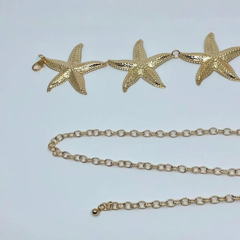 Vintage Y2K Mermaidcore Gold Starfish Chain Belt, Fits 13–44 Inches, X7GA1161